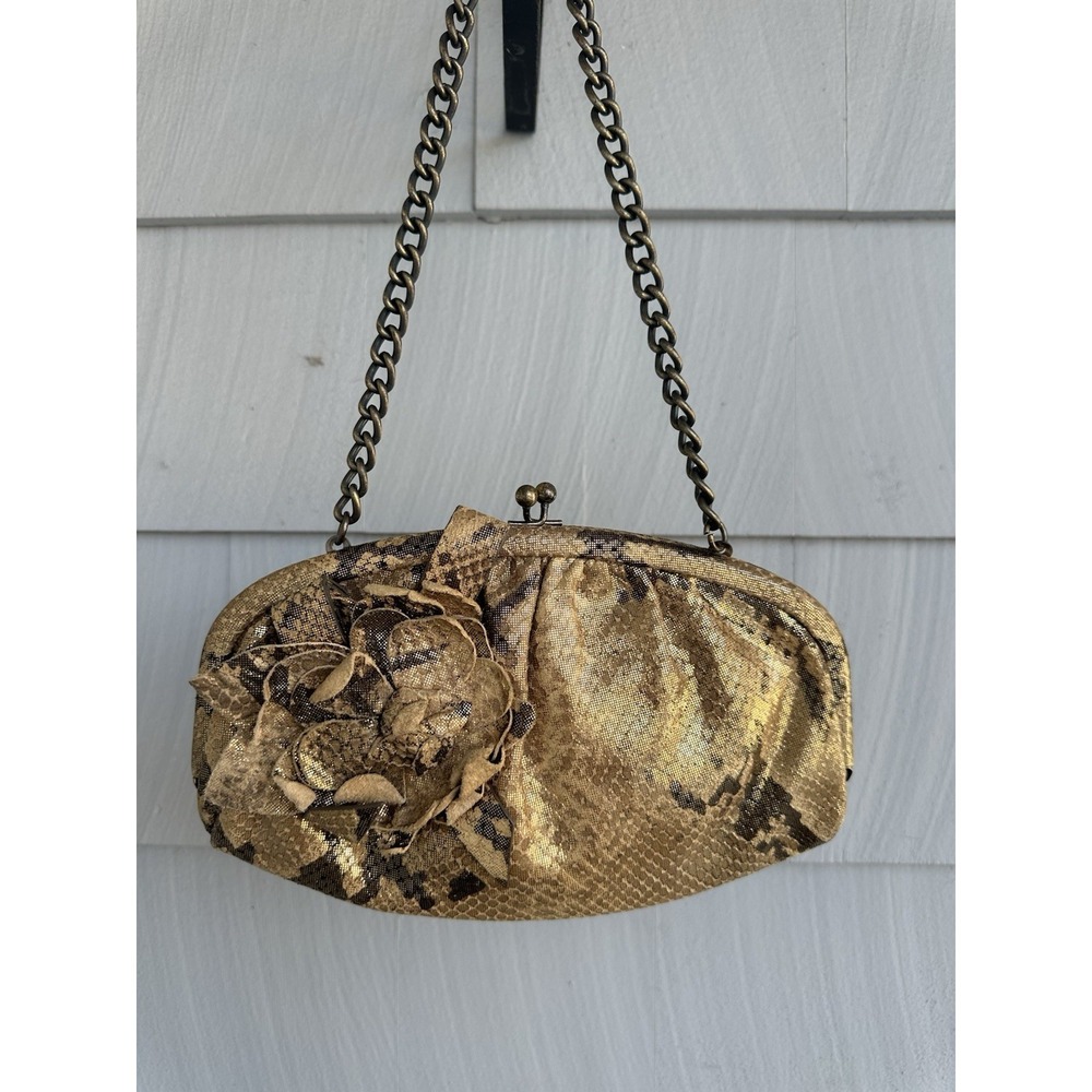 Isabella Fiore Gold Metallic Python‎ Annette Flower Clutch Bag